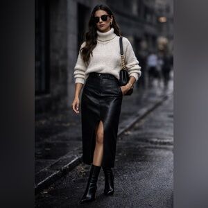 Black Faux Leather Midi Skirt with Front Slit – Made in Italy